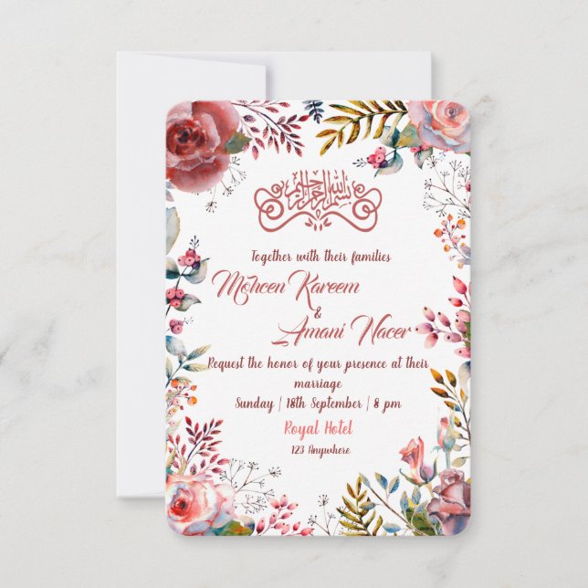Modern Pink Floral Muslim Wedding Einladung (Vorderseite)