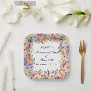 Modern Pink Floral Nikah Muslime Einladung Pappteller