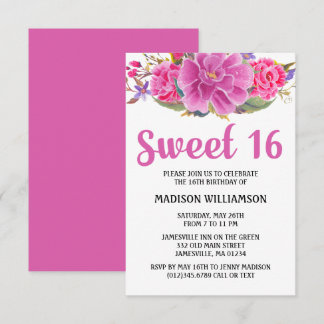 Modern Pink Floral Wasserfarbe Süß 16 Geburtstag Einladung
