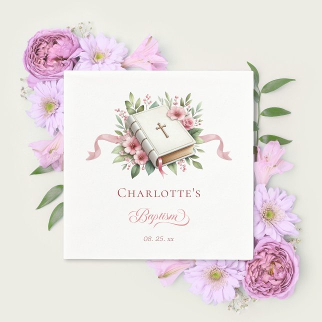 Modern Pink Flower Baptism Paper Napkin Serviette (Von Creator hochgeladen)