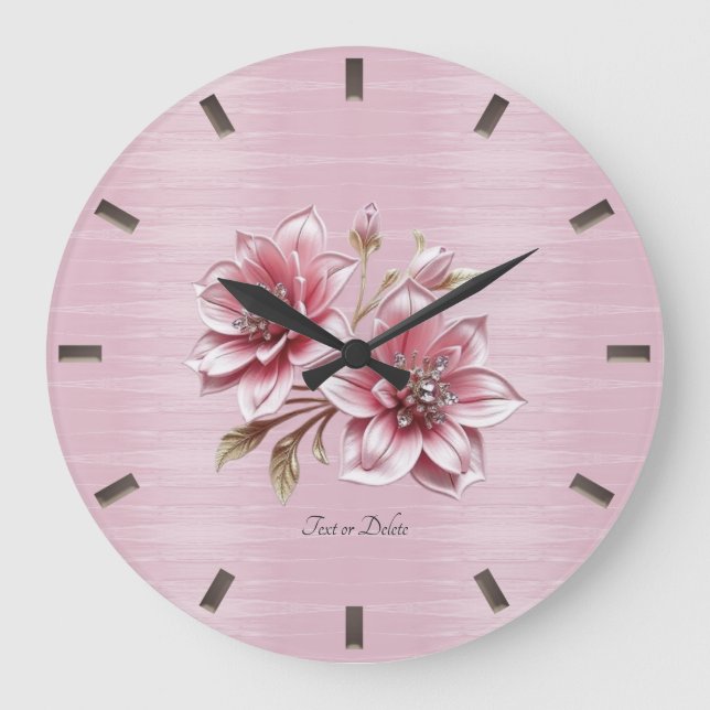 Modern Pink Flowers Wall Clock Große Wanduhr (Vorderseite)
