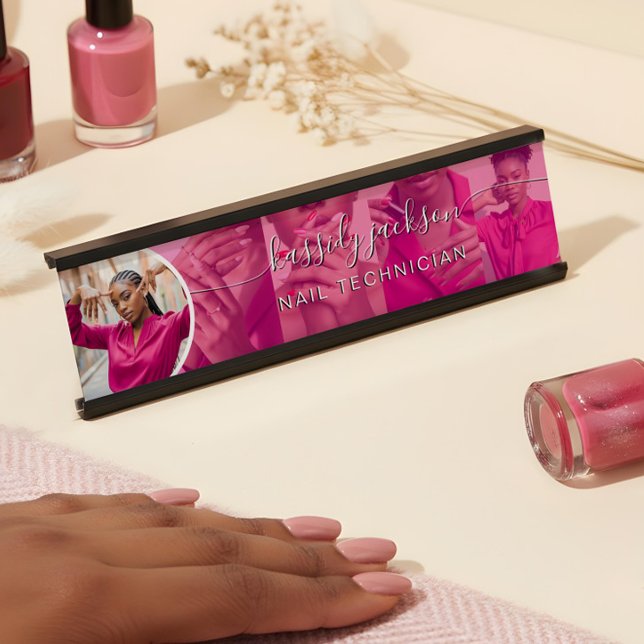 Modern Pink Foto Collage Script Kalligraphie Name Schreibtischnamensplakette (Modern Pink Photo Collage Script Calligraphy Name Desk Name Plate)