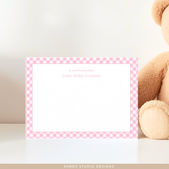 Modern Pink Gingham Baby Kinderzimmer Note Card Mitteilungskarte (Baby note card shown in 3.5 x 2.5 inches. Add baby girl name and choose paper and corner style.)