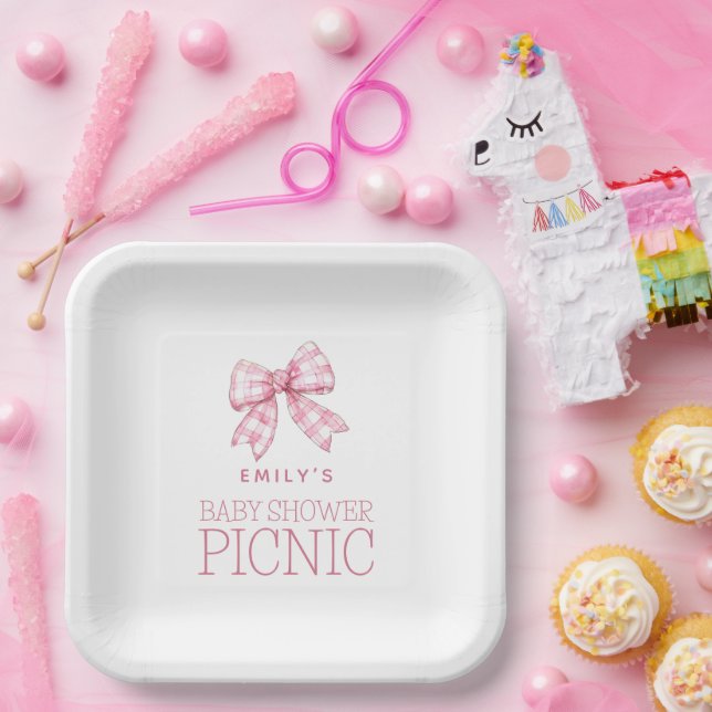 Modern Pink Gingham Bow Name Baby Shower Picnic Pappteller (Party)