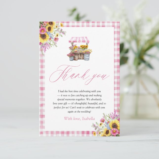 Modern Pink Gingham Fresh Off Market Vielen Dank Dankeskarte (Stehend Vorderseite)