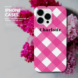 Modern Pink Gingham iPhone Case mit Name