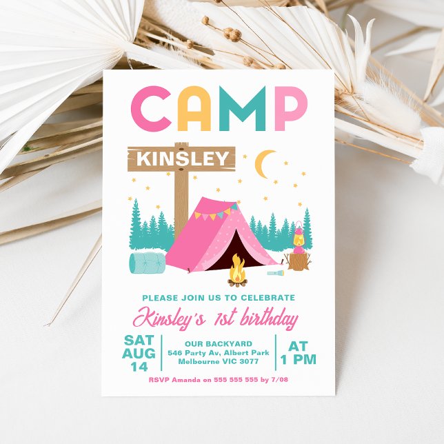 Modern Pink Girls Camping Geburtstag Einladung (Colorful Camping 1st Birthday Invitation Baby Girl, Happy Camper, Camping themed First Birthday)