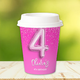 Modern Pink Glitter Balloon 4th Birthday Party Pappbecher