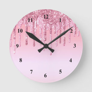 Modern Pink Glitter Drips Graphic Runde Wanduhr