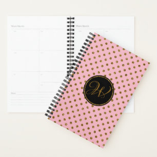 Modern Pink Gold Black Glitzer Polka Dots Monogram Planer