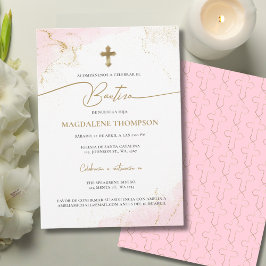 Modern Pink Gold Cross Girl Baptism Bautizo Einladung