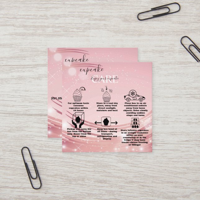 Modern Pink Gold Cupcake Care Square Bu Quadratische Visitenkarte (Vorderseite/Rückseite Beispiel)