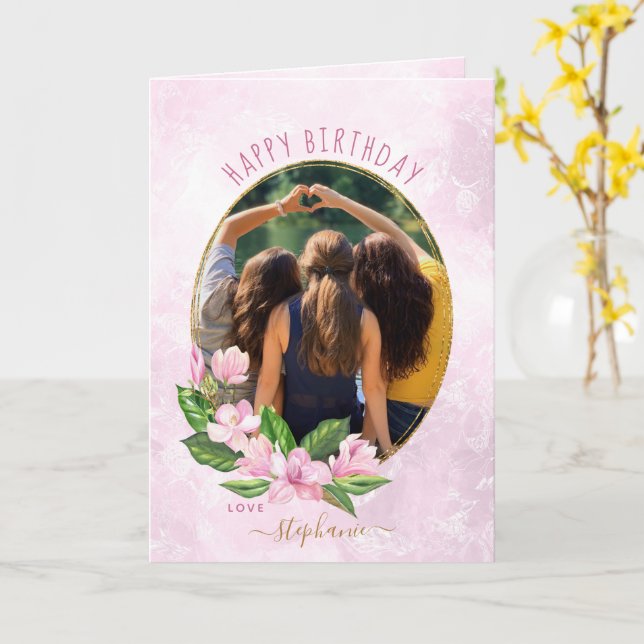 Modern Pink Gold Floral Wreath Foto Geburtstag Karte (Gelbe Blume)