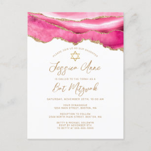 Modern Pink Gold Glitzer Agate Bat Mitzvah Ankündigungspostkarte