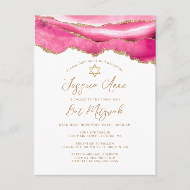 Modern Pink Gold Glitzer Agate Bat Mitzvah Ankündigungspostkarte (Vorderseite)