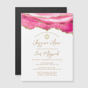 Modern Pink Gold Glitzer Agate Bat Mitzvah Einladu Magnetkarte