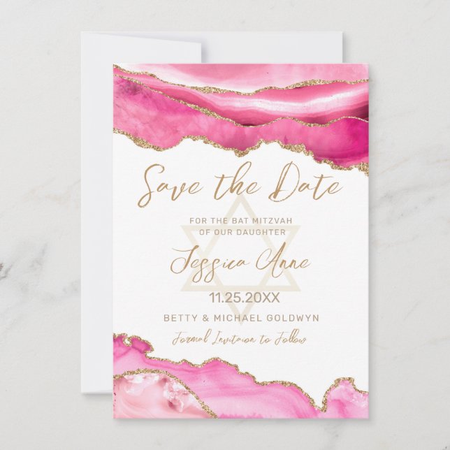 Modern Pink Gold Glitzer Agate Bat Mitzvah Save The Date (Vorderseite)