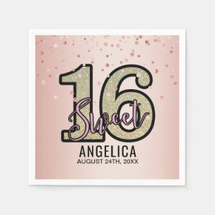 Modern Pink Gold Glitzer Sweet 16 Sechzehn Geburts Serviette