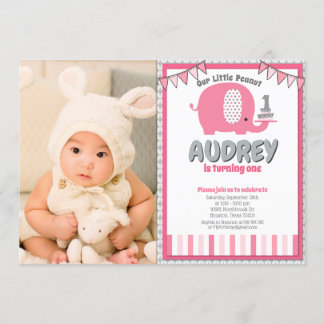 Modern Pink Gray Baby Elephant Erstes Geburtstagsf Einladung
