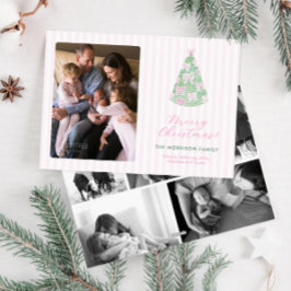 Modern Pink Green Watercolor Bows Christmas Photo Feiertagskarte