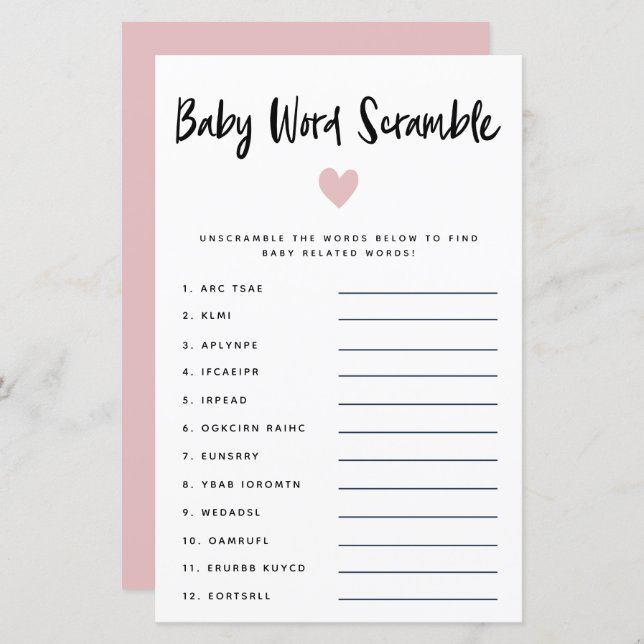Modern Pink Heart Baby Word Scramble Game (Vorne/Hinten)