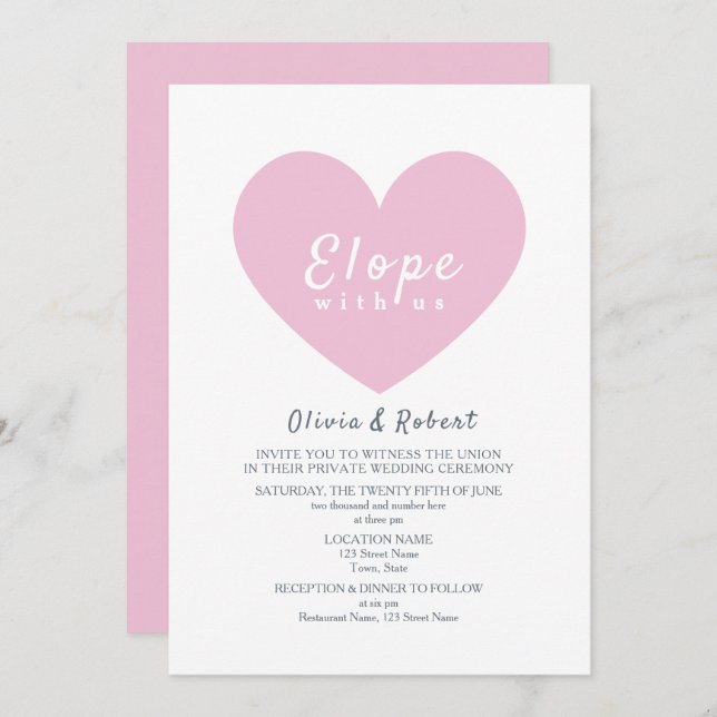 Modern Pink Heart Elopement Wedding Einladung (Vorne/Hinten)