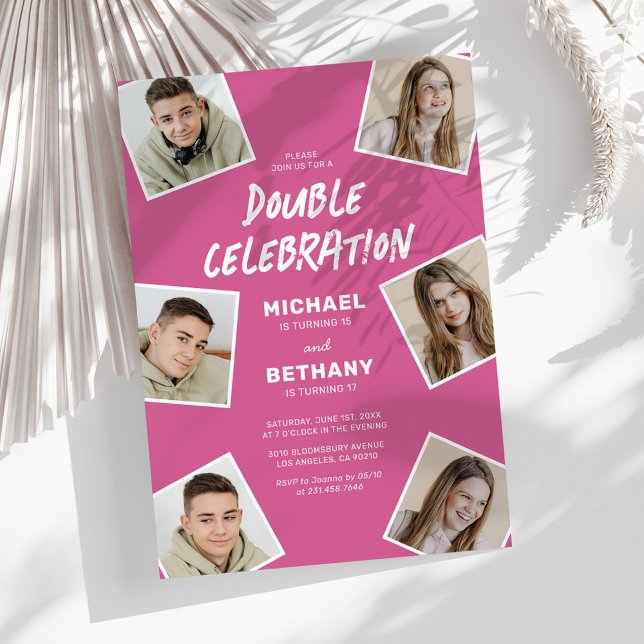 Modern Pink Joint Foto Birthday Party Einladung (Von Creator hochgeladen)
