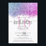 Modern Pink Lila Blue Glitzer Confetti Sweet 16 Einladung<br><div class="desc">Das elegante, glamouröse und moderne 16 . Geburtstag Geburtstagsfest lädt zum zeitgenössischen und stilvollen Teenager ein. Die Imitate sind in Rosa, lila und blau funkelnd Glitzer konfetti getuschelt, auf einem einfachen, weißen Hintergrund mit einer großen Zahl "16" in einem lila-rosa passenden. Die Rückseite zeigt den gleichen Glitzer, aber eine dickere...</div>