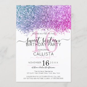 Modern Pink Lila Blue Glitzer Confetti Sweet 16 Einladung