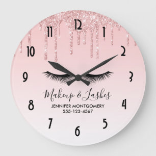 Modern Pink Liquid Glitter & Eyelashes Große Wanduhr