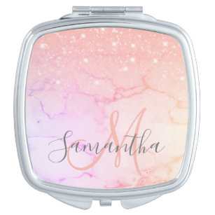 Modern Pink Marble & Glitter Sparkles Name Taschenspiegel