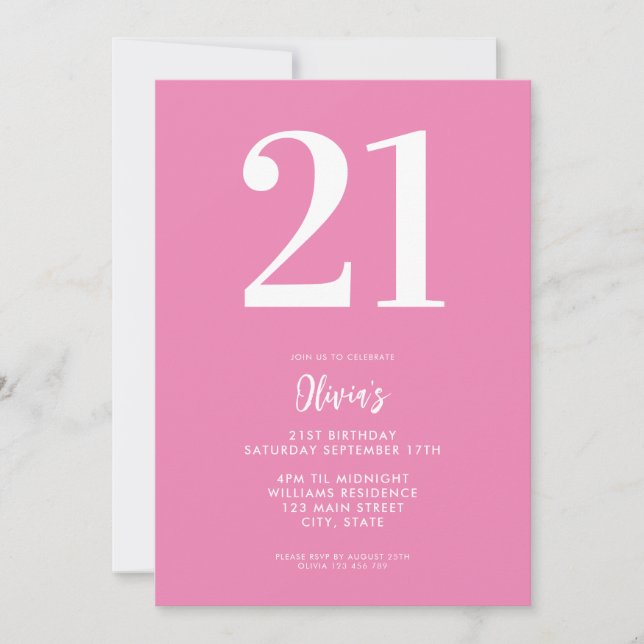 Modern Pink Minimal 21. Geburtstag Einladung (Vorderseite)