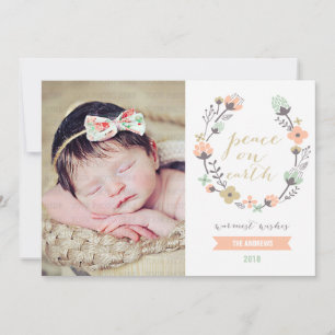 Modern Pink Mint Holiday Floral Custom Photo Card Feiertagskarte