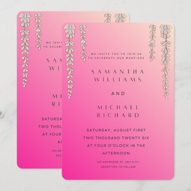 Modern Pink Ombre Wisteria Wedding Invitation - Cu Einladung (Vorne/Hinten)