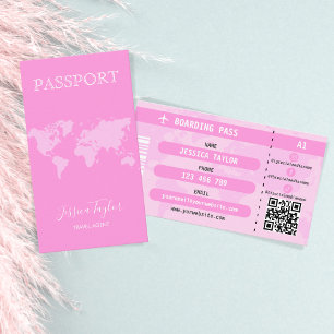 Modern Pink Passport World Map Boarding Pass Visitenkarte