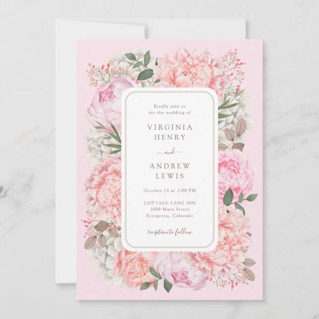 Modern Pink Peony Wedding Einladung (Vorderseite)