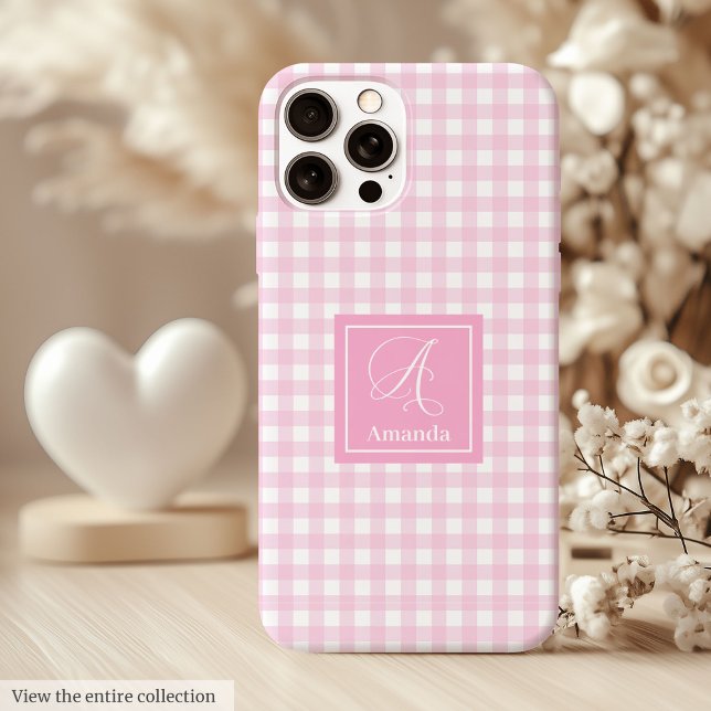 Modern Pink Plaid iPhone Case – Clear Name Accent (Trendy Pink Plaid iPhone Case Elegant Custom Name)