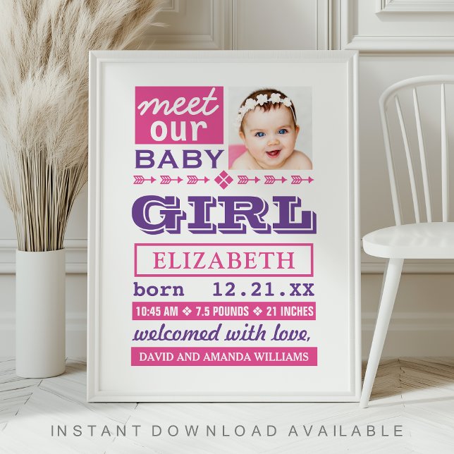 Modern Pink Purple Baby Girl Photo Birth Stats Poster (Von Creator hochgeladen)