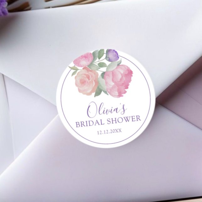 Modern Pink & Purple Floral Bridal Shower Runder Aufkleber (Von Creator hochgeladen)