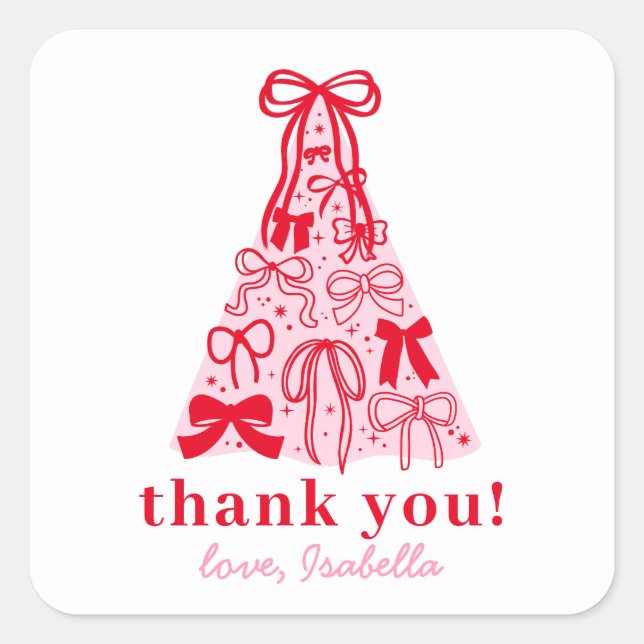 Modern Pink Red Bow Thank You Quadratischer Aufkleber (Vorderseite)