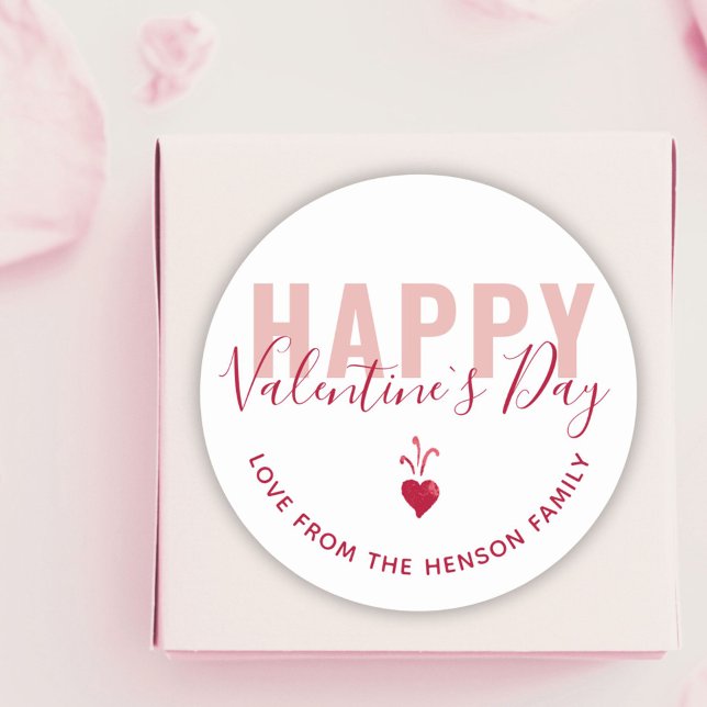 Modern Pink Red Heart Happy Valentine Day Script Runder Aufkleber (Von Creator hochgeladen)