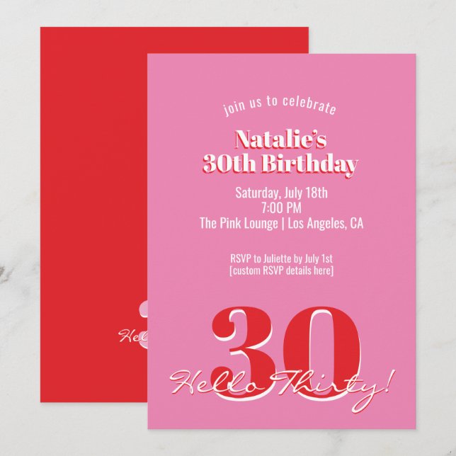 Modern Pink Red Minimalist 30th Birthday Einladung (Vorne/Hinten)