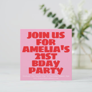 Modern Pink Red Photo Playful Bold Birthday 21st Einladung