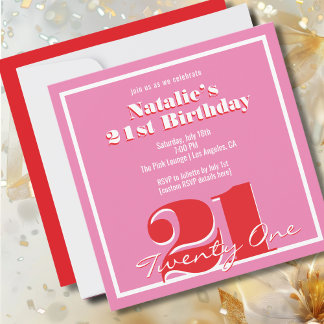 Modern Pink Red Retro 21st Birthday Square Einladung