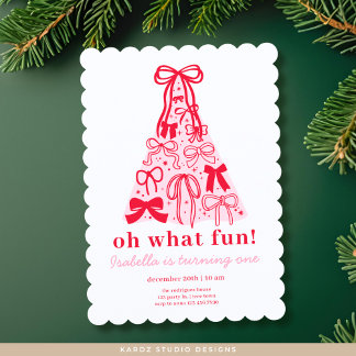 Modern Pink Red Tree Bow First Birthday Einladung