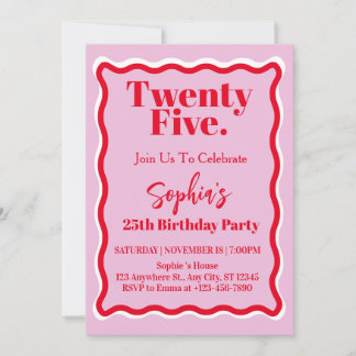 Modern Pink Red Wave Curve 25. Geburtstagsparty Einladung