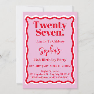 Modern Pink Red Wave Curve 27. Geburtstagsparty Einladung