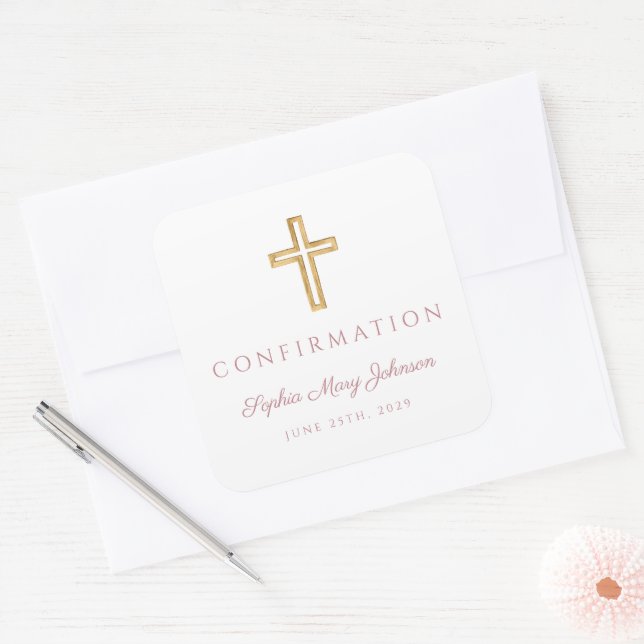 Modern Pink Religious Cross Boy Confirmation Quadratischer Aufkleber (Umschlag)