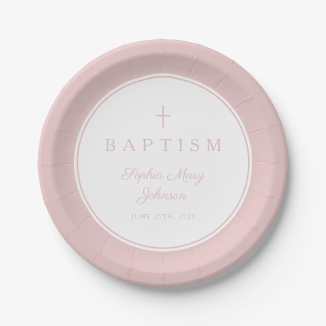 Modern Pink Religious Cross Girl Baptism Pappteller (Vorderseite)