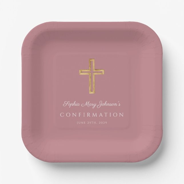 Modern Pink Religious Cross Girl Confirmation Pappteller (Vorderseite)